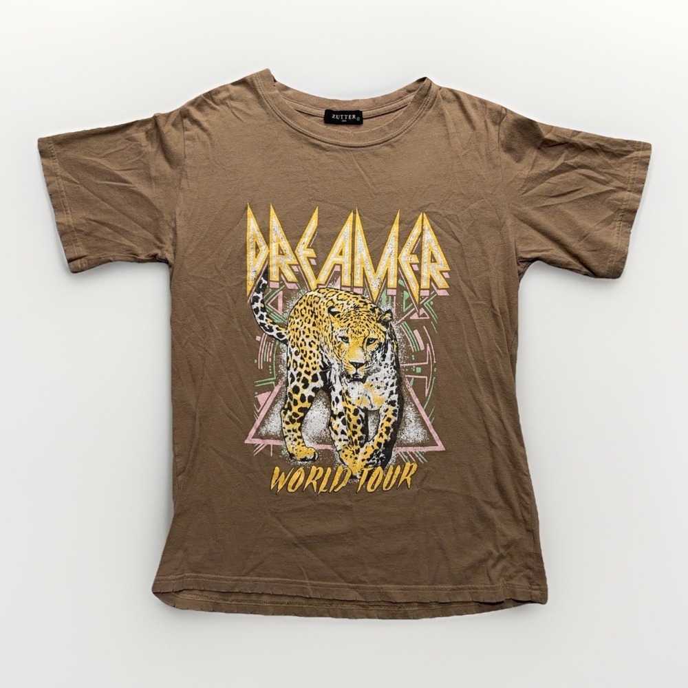 Zutter TShirt Womens S Brown Dreamer World Tour Graphic Band Rock Distressed Tee